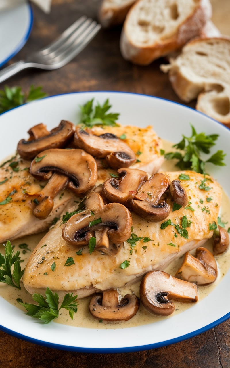Creamy parmesan garlic mushroom chicken served on a plate with mushrooms and parsley, beside a slice of crusty bread.